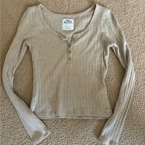 Hollister Cream Ribbed Fitted Long Sleeve Blouse